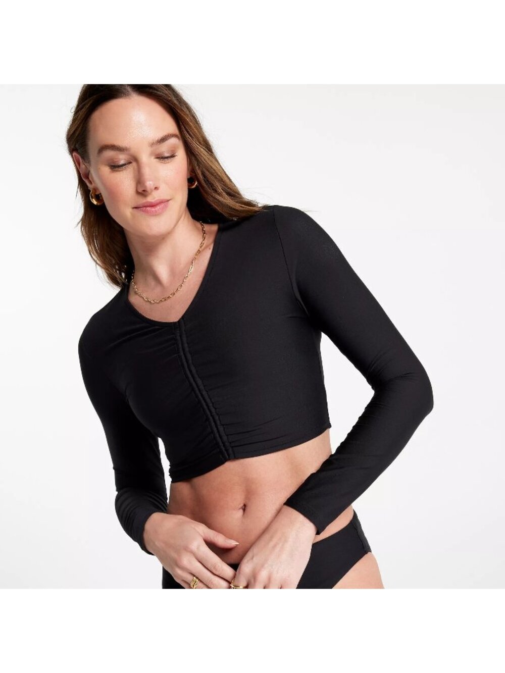 NWT CALIA Women's Long Sleeve Ruched Swim Rashguard, XL, Pure Black